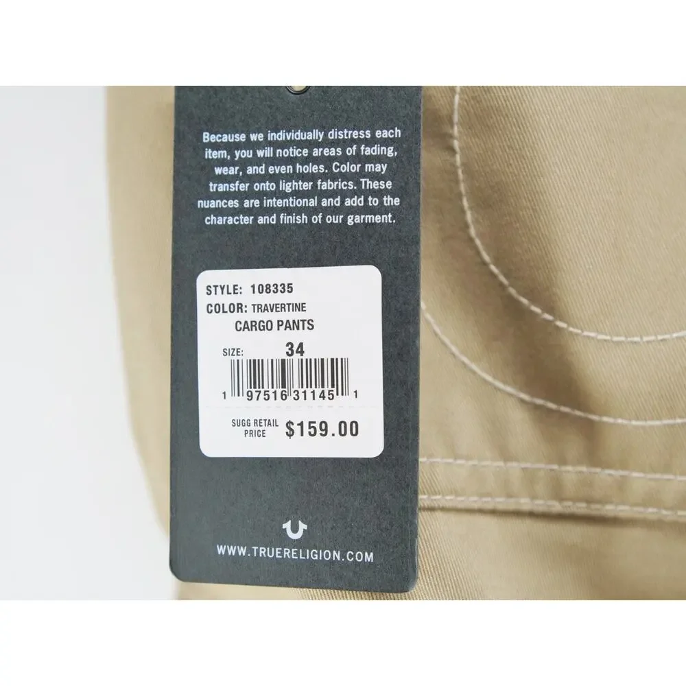 True Religion Travertine Khaki Cargo‎ Pants Men's Size 38x32 NWT